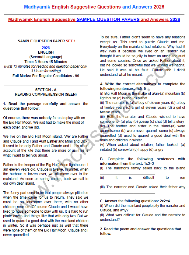 Madhyamik English Suggestive Questions Answers 2026 | Complete Guide for Class 10 Students - Image 3